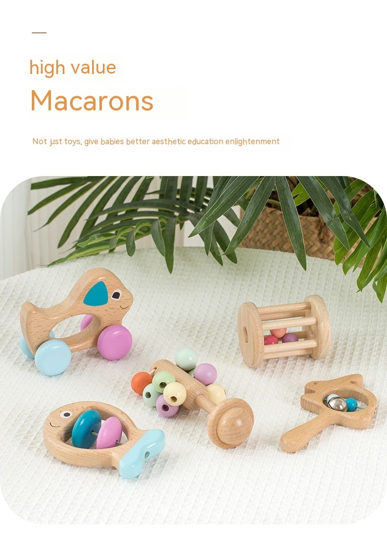 Interactive wooden rattle set for babies, perfect for grip training and tactile stimulation.