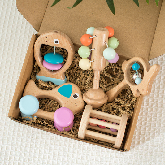 Musical playset made of natural wood for toddlers, supports fine motor skill development.